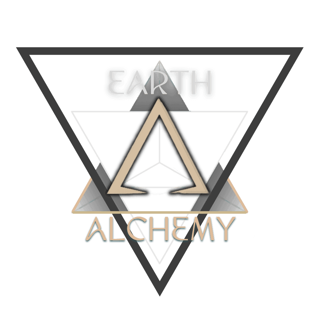 Geometric logo with overlapping triangles and the words 'Earth Alchemy' in stylized font.