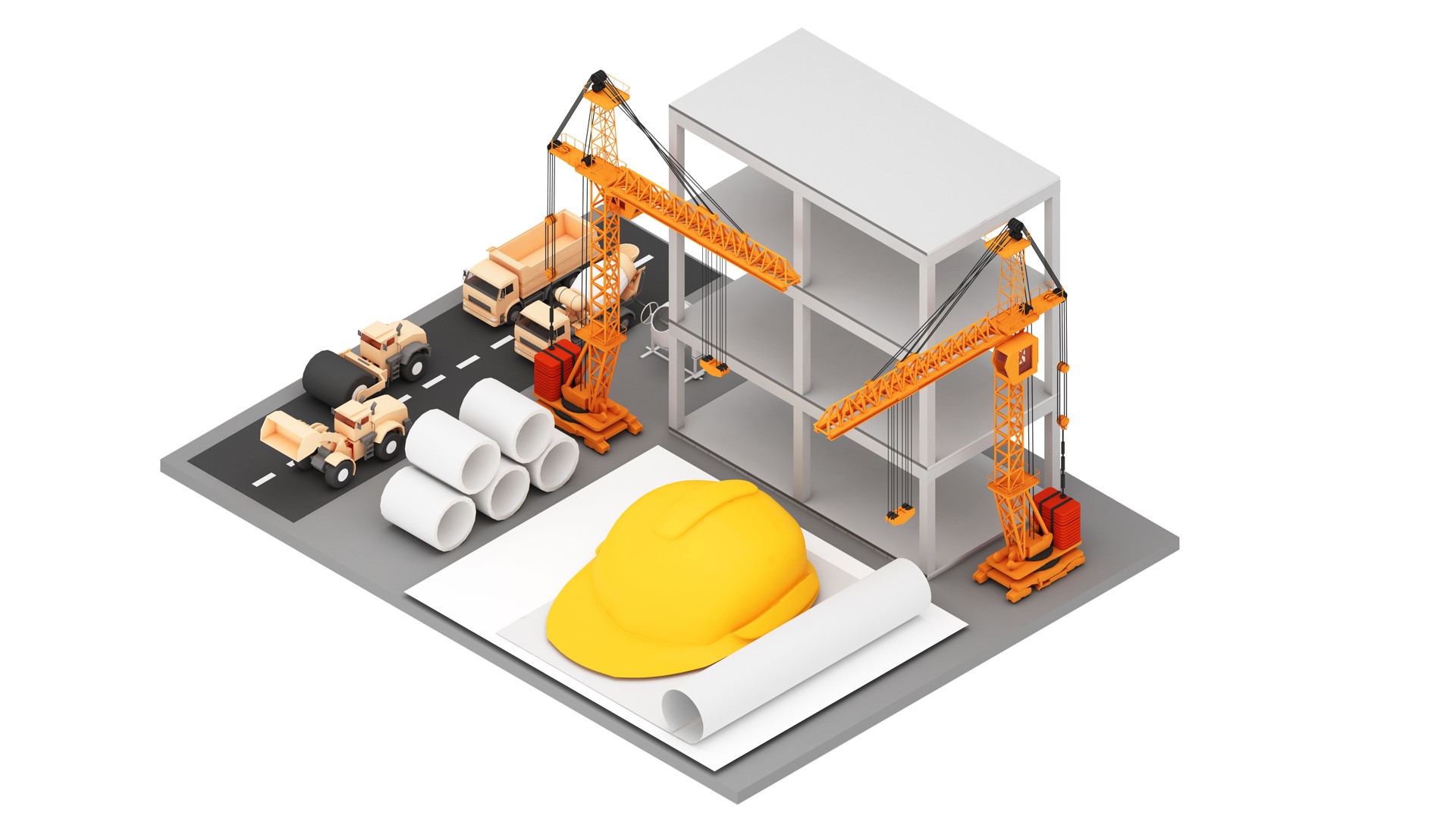 Construction crane utilization, the erection of tall structures, and the loading and unloading of building supplies. ,High-rise building construction engineering ,3d rendering