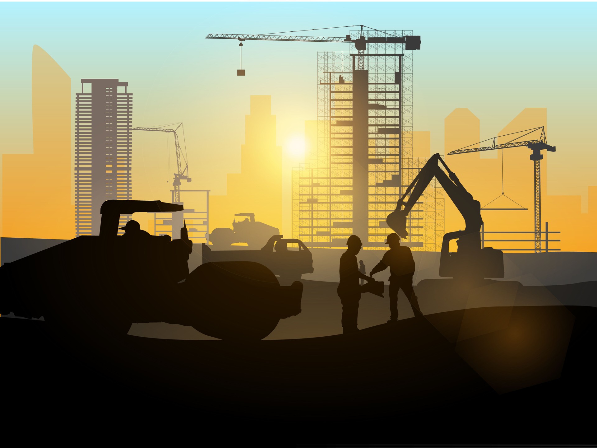 Silhouette of engineer and construction team working at site over blurred background sunset pastel for industry